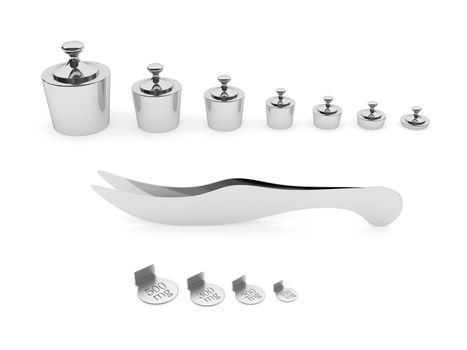 A set of metal weights and tweezers for scales. High resolution 3D image