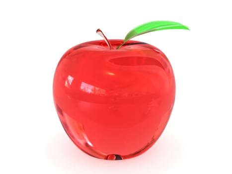 Red glass apple with leaf on white background. High resolution 3D image