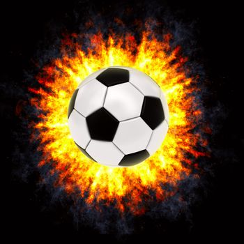 Soccer ball in powerful explosion on black background. High resolution 3D image