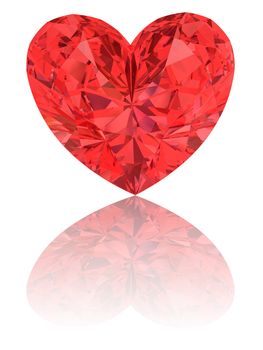 Red diamond in shape of heart on glossy white background. High resolution 3D render with reflections