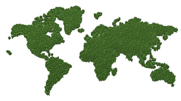 World map made of green grass isolated on white background. High resolution 3D image