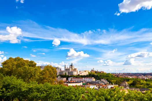 Panorama of Madrid (Spain) with the Royal Palace and the Almudena Cathedral