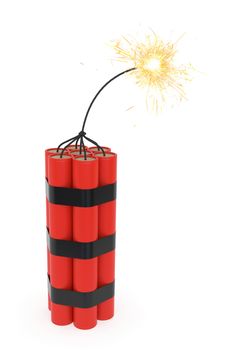 Dynamite with burning wick on white background. High resoltion 3D image