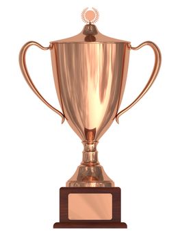 Bronze trophy cup on wood pedestal with blank plate isolated on white. High resolution 3D image