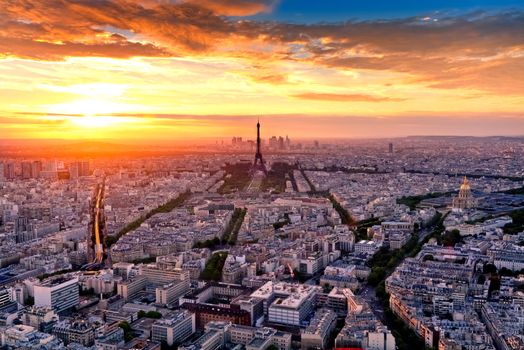 Aerial view of Paris at sunset