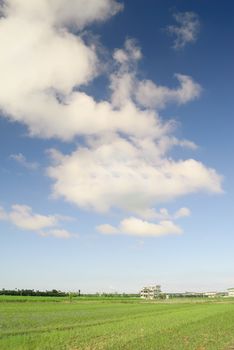 Countryside scenery with buildings under blue sky and white clouds.