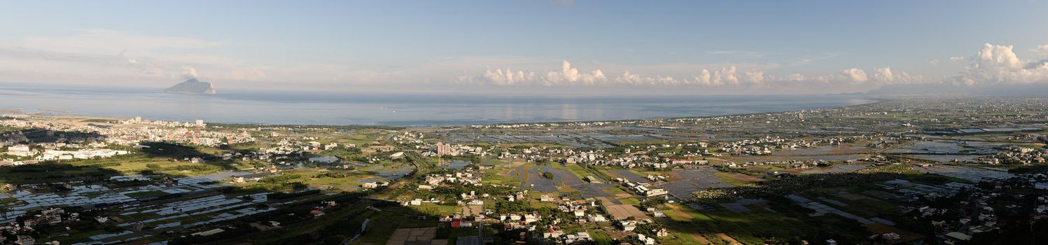 Rural scenery of panorama with buildings and ocean in Ilan, Taiwan, Asia.