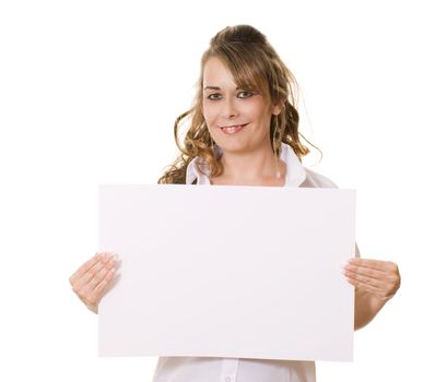 Woman holding white board with copy space isolated on white