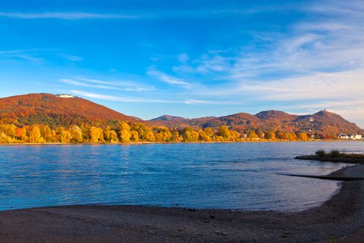 The Rhine near Bonn-Bad Godesberg, Germany with the Siebengebirge mountains