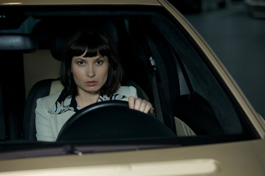 Young woman sitting in new car, portrait