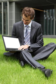 young caucasian businessman sitting on grass using his laptop