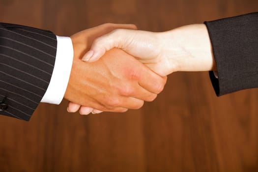 Close-up of businessman and woman shaking hands in office