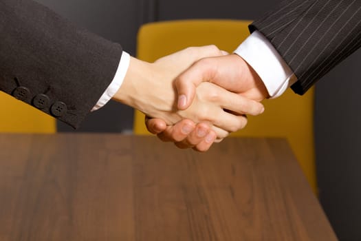 Close-up of businessman and woman shaking hands in office