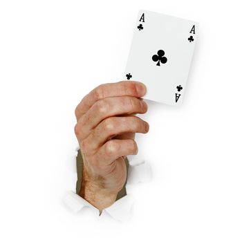 Card ace in a hand on a white background
