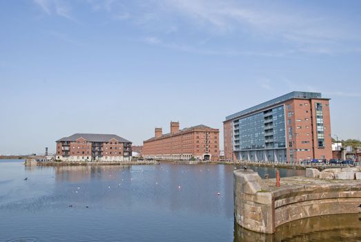 A Dock Redevelopment with Red Brick Apartments in an English City