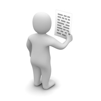 Man holding paper with text. 3d rendered illustration.