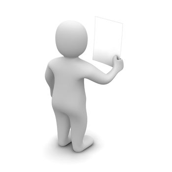 Man holding and looking at blank document. 3d rendered illustration.