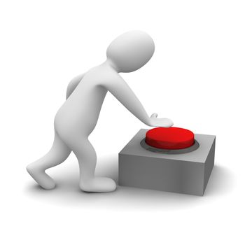 Man pushing red button. 3d rendered illustration.. 3d rendered illustration.