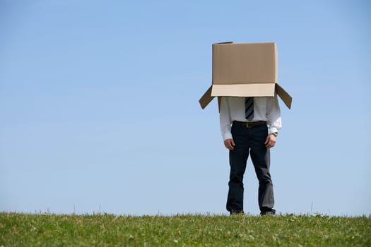 Man standing in park with cardboard box over his head
