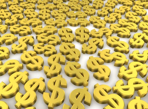 Golden dollar currency symbols background. 3d rendered image