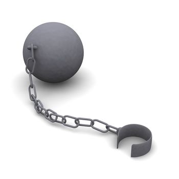 Iron ball and released shackle. 3d rendered illustration.