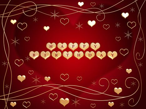 3d golden hearts, red letters, text - happy birthday, flowers, stars