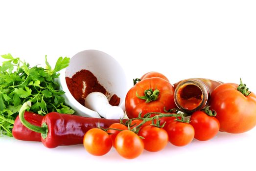 raw fresh ingredients for sause over white background        