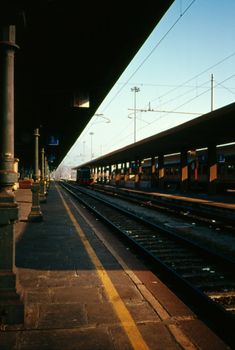 Railway station in winter early morning light