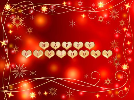 3d golden hearts, red letters, text - happy birthday, stars