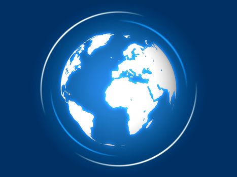 blue globe world with shining rays over blue background