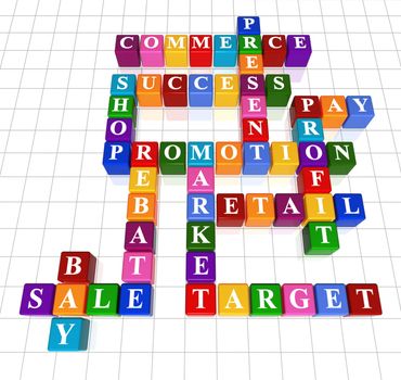 3d colour boxes crossword - sale; success; commerce; promotion; profit, market; rebate, bay, present, shop; retail; target, pay
