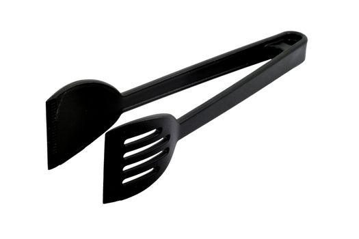 A pair of black kitchen tongs you can find in most kitchens.