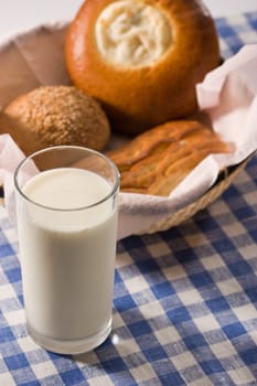 light morning meal, milk with sweet buns