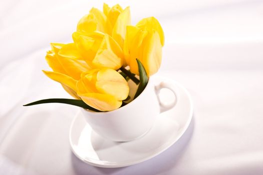 flower series: yellow tulips bouquet in the tea cup