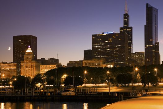 Moon in downtown of Chicago.