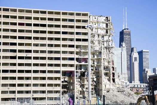 Demolition of project building - downtown of Chicago.