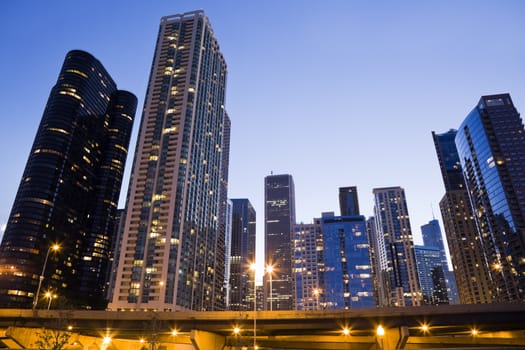 Downtown Chicago seen from the Lake side - sunset time.