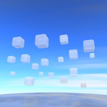 Wide ocean and flying transparent boxes. 3d rendered illustration.