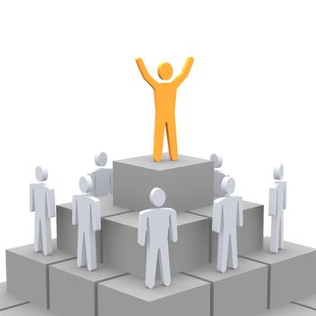 Celebrating person at the top of pyramid. 3d rendered image.
