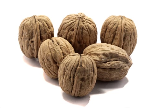 close view detail of  some walnuts  isolated on a white background.