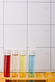 Test tubes in a test tube rack in front of a calendar.