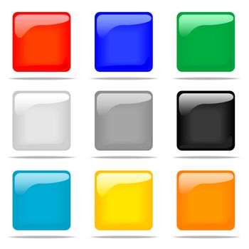 Set of glossy square buttons in nine different colors.