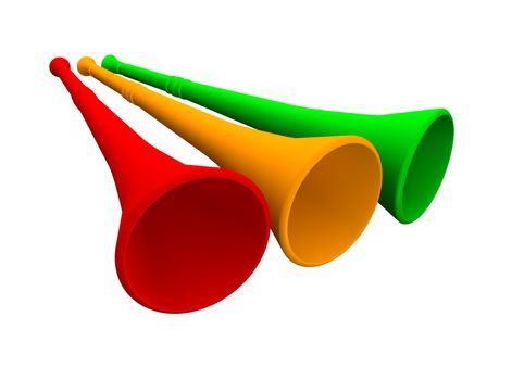 Three vuvuzela trumpets. 3d rendered illustration.