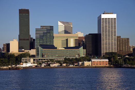 Late afternoon in downtown Cleveland, Ohio. Seen from the lake.