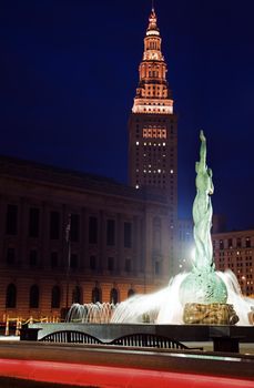 Landmarks of Cleveland seen night time.