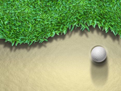 White Golf ball on sand and green grass