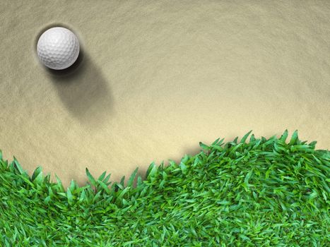 White Golf ball on sand and green grass