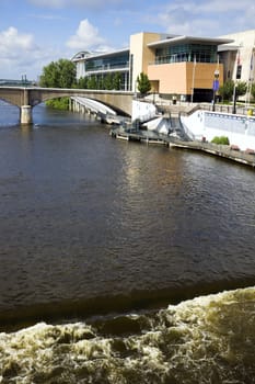 Architecture along the river in Grand Rapids, Michigan, USA.