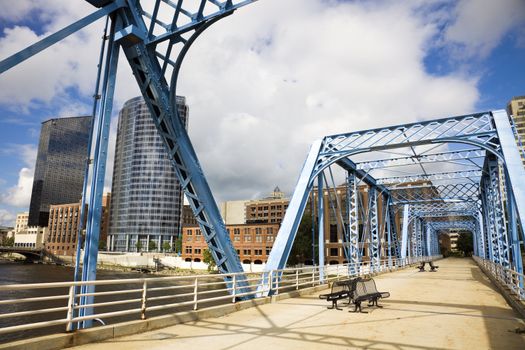 Blue bridge in Grand Rapids, Michigan, USA.