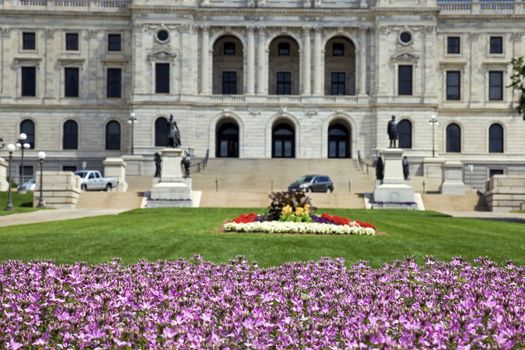 Flowers in front of State Capitol of Minnesota in St. Paul. Shallow DOF.